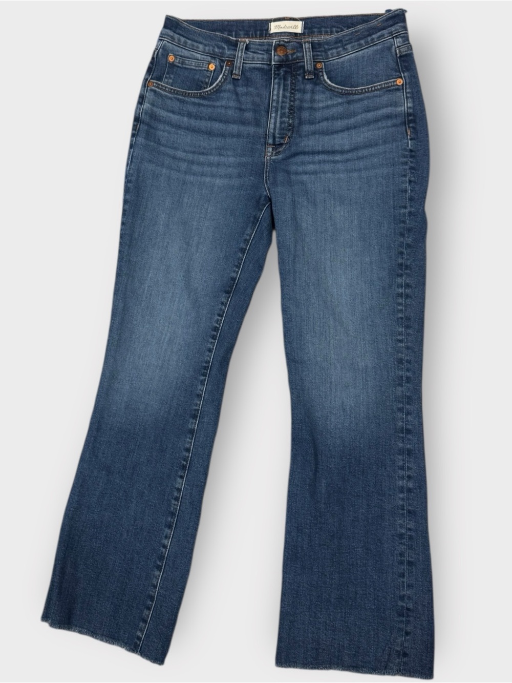 Madewell Mid Rise Crop Kick Out Jeans 28 Raw Hem Cropped Flare Medium Wash Blue